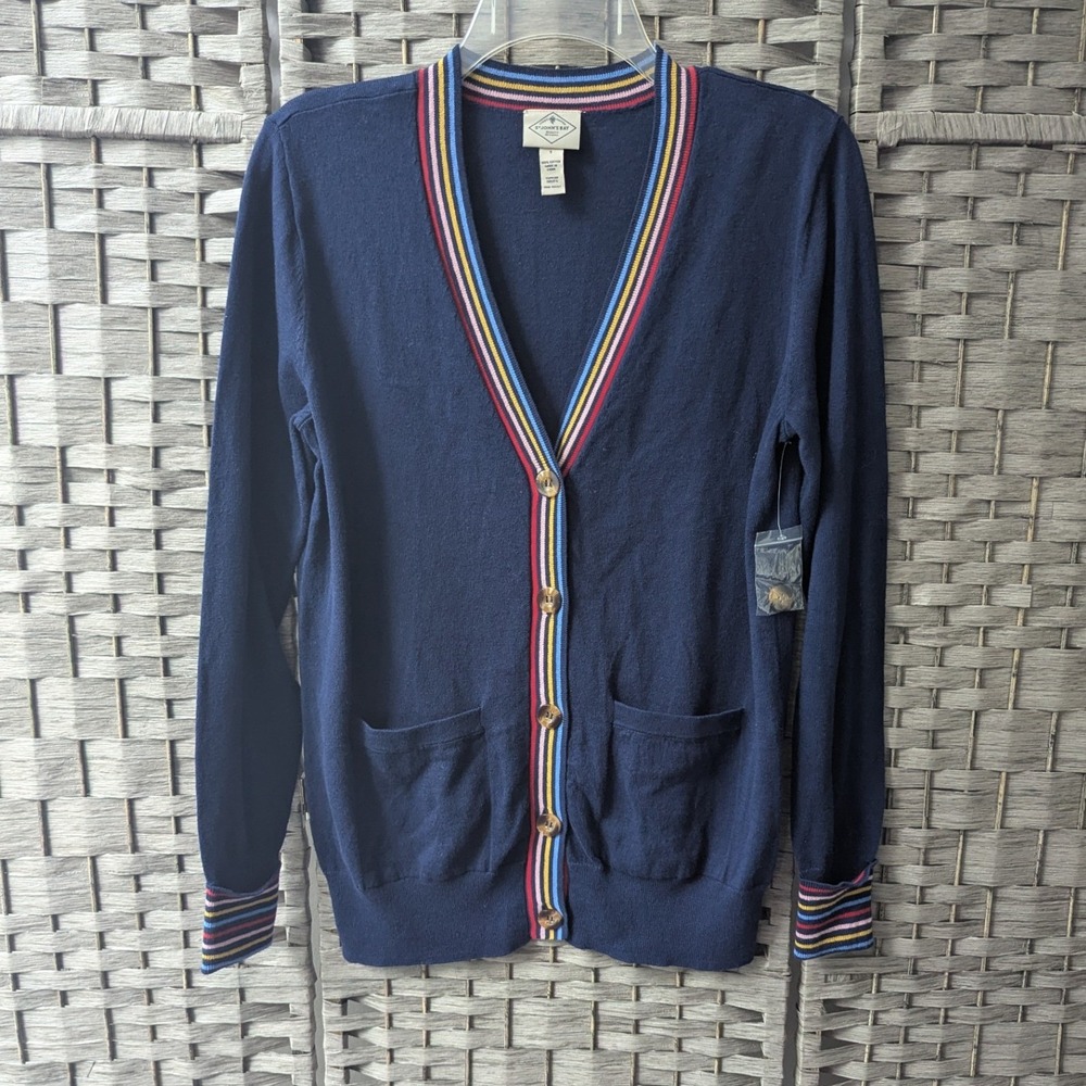 Classic V-Neck Cardigan Navy Blue Striped Trim Sz S Mod Retro NWOT Lightweight